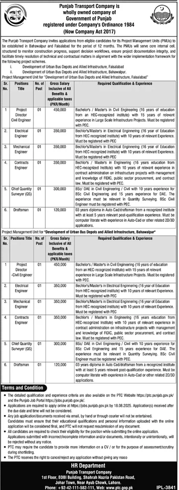 Punjab Transport Company Lahore Tender Notice
